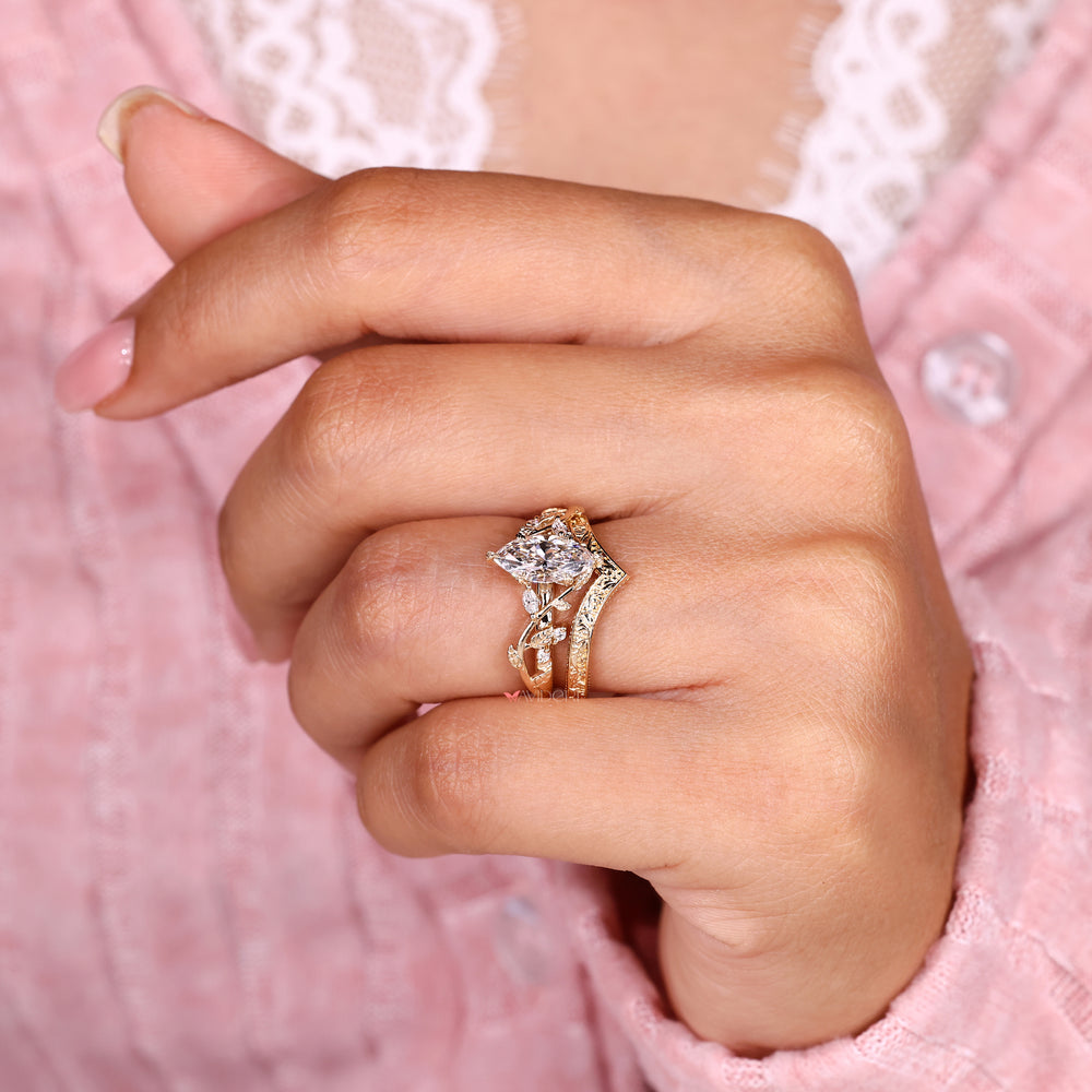 IGI certified marquise ring with vintage style wedding band
