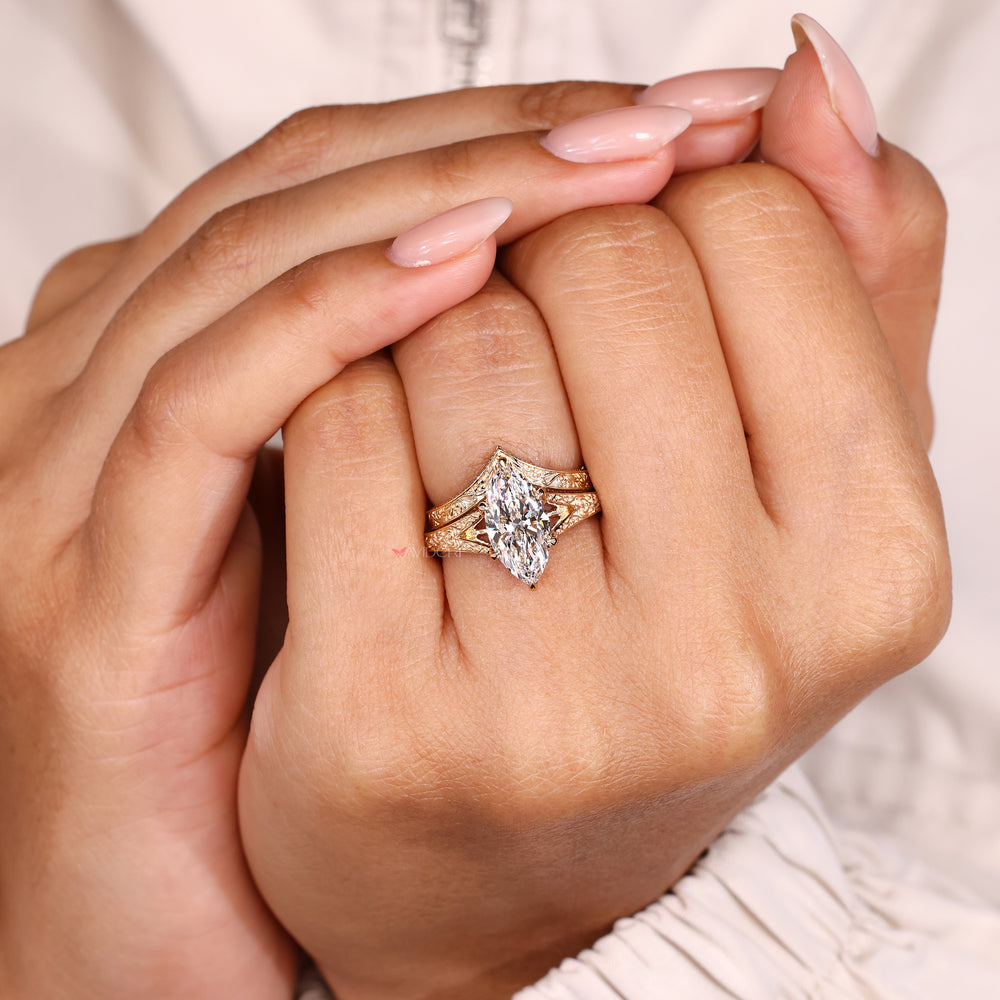 Curved eternity wedding band filigree design.
