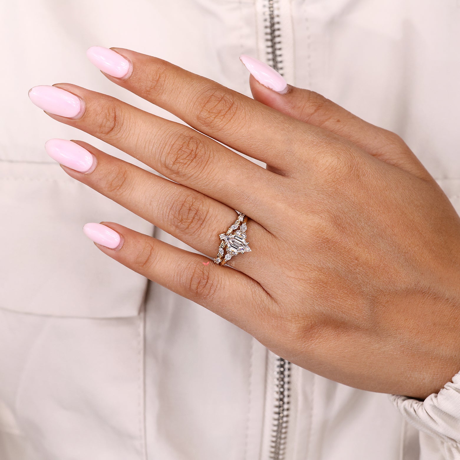 Lab grown diamond bridal set with marquise accent wedding band
