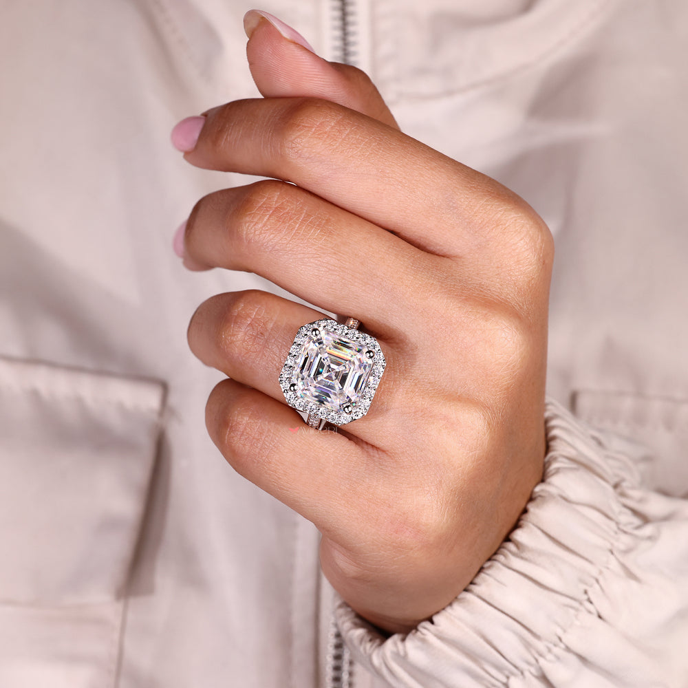Four prong Asscher cut moissanite engagement ring.