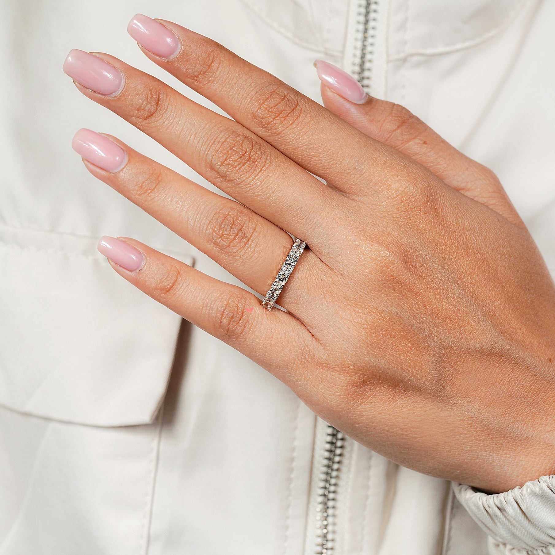 Asscher diamond ring with semi eternity band and prongs
