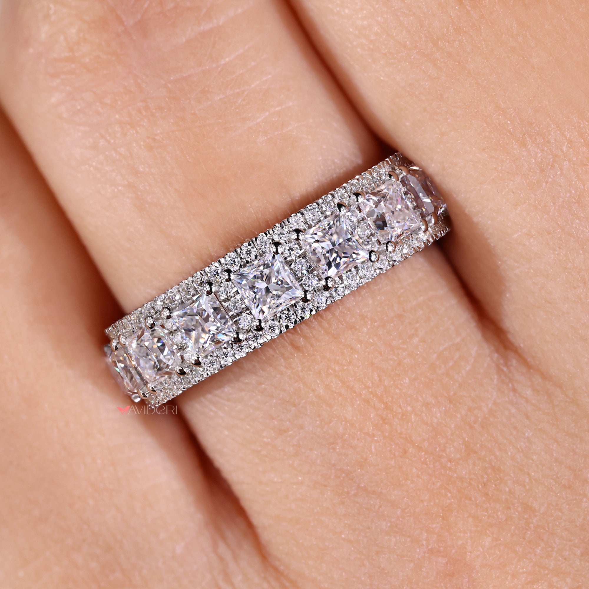 Round and princess cut Moissanite wedding band.