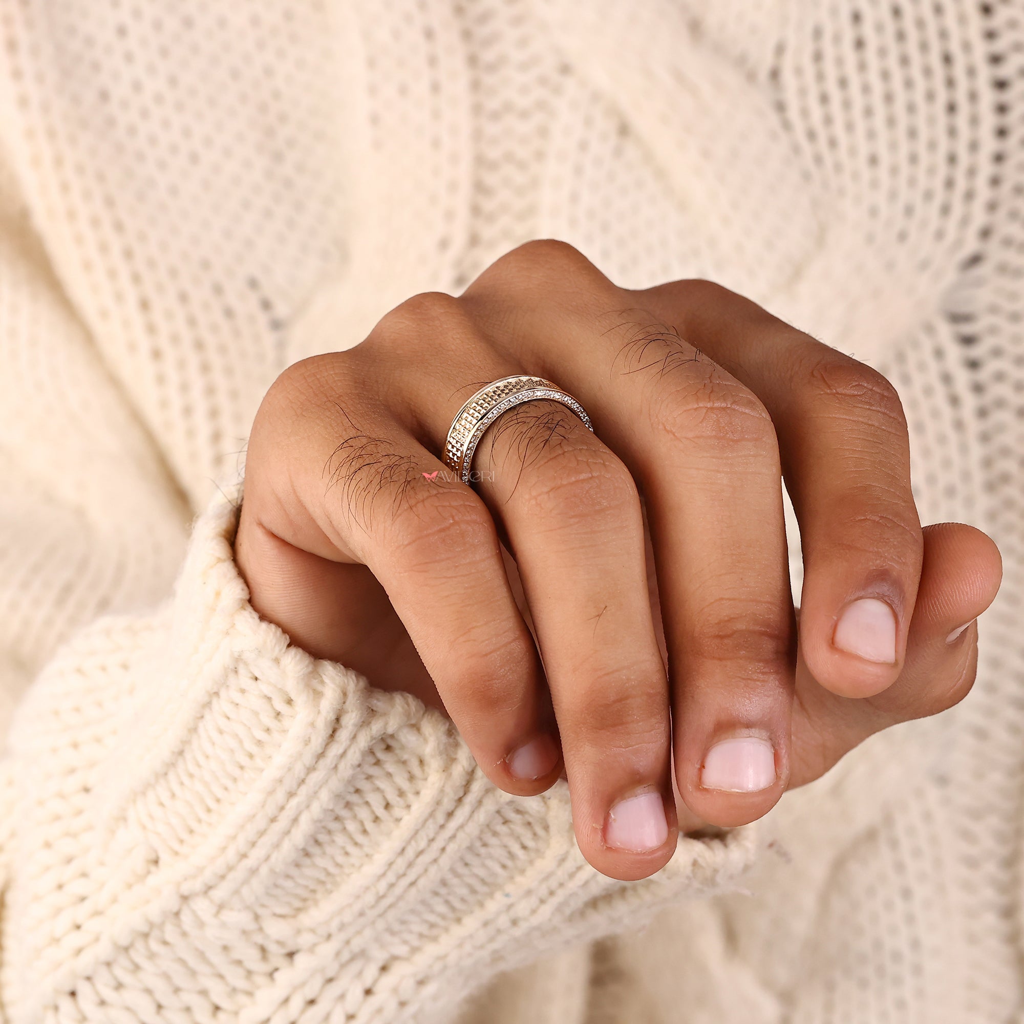 Handmade jewelry mens ring in yellow gold with diamond eternity pattern.