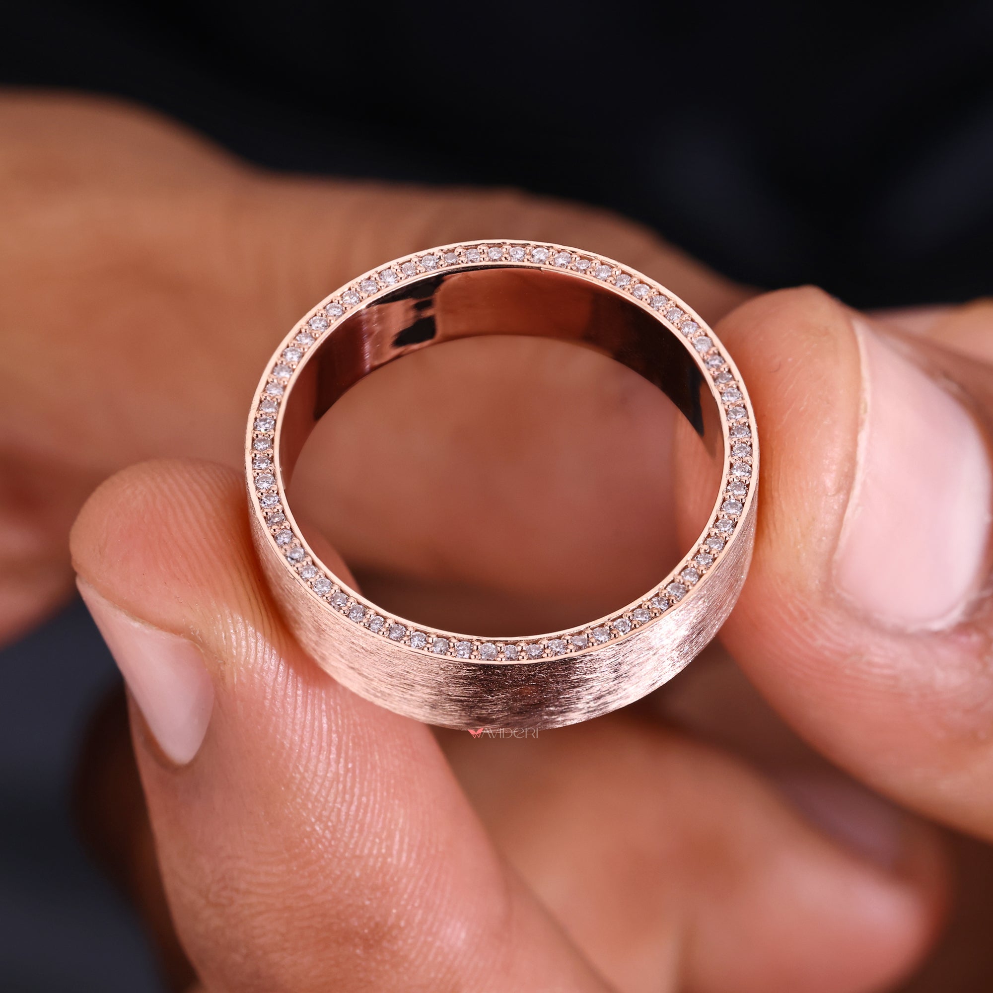 Round diamond mens ring with rose gold ring.