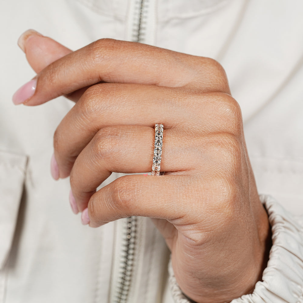 Asscher diamond wedding band with secure prong setting design
