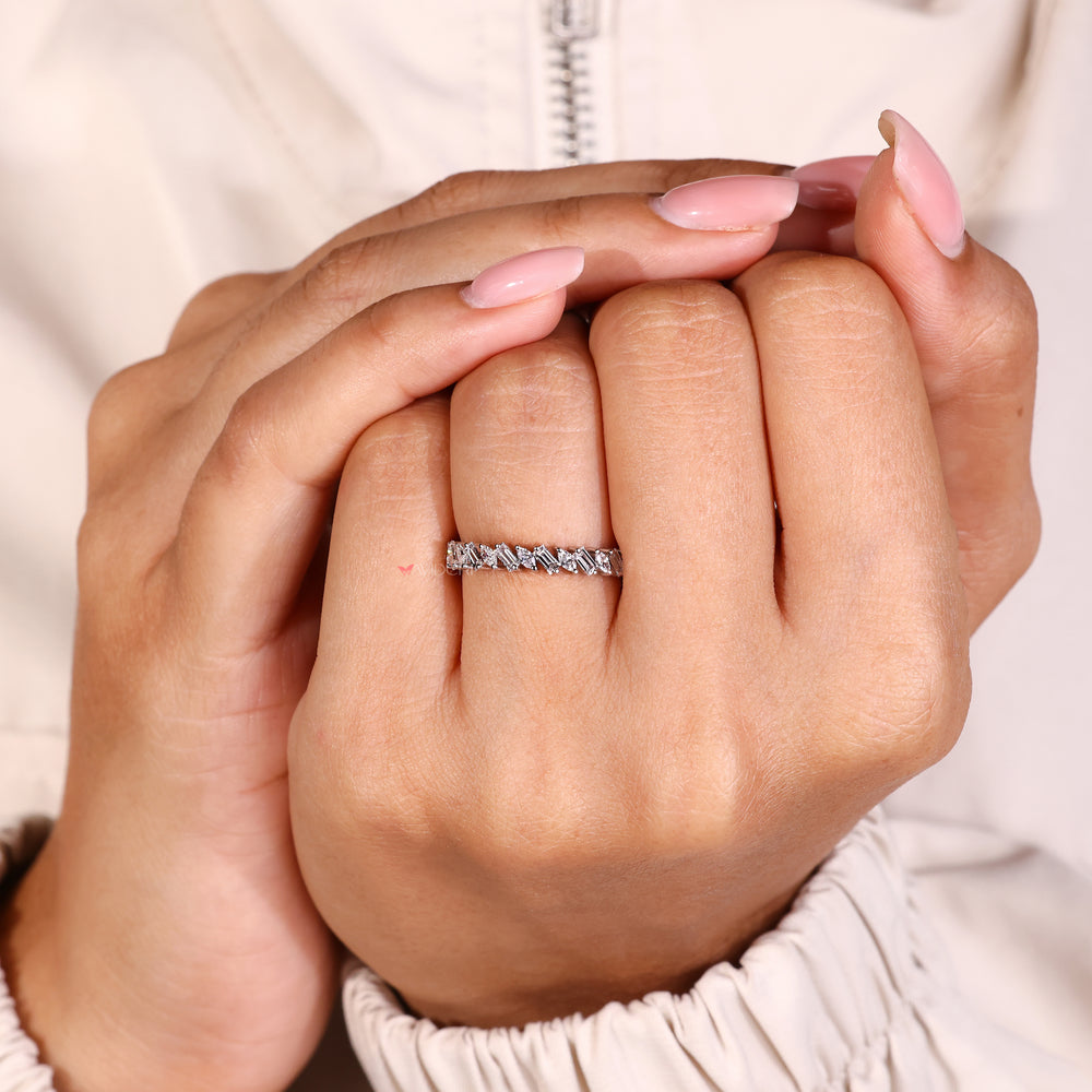 3/4 eternity band featuring marquise and baguette lab diamonds
