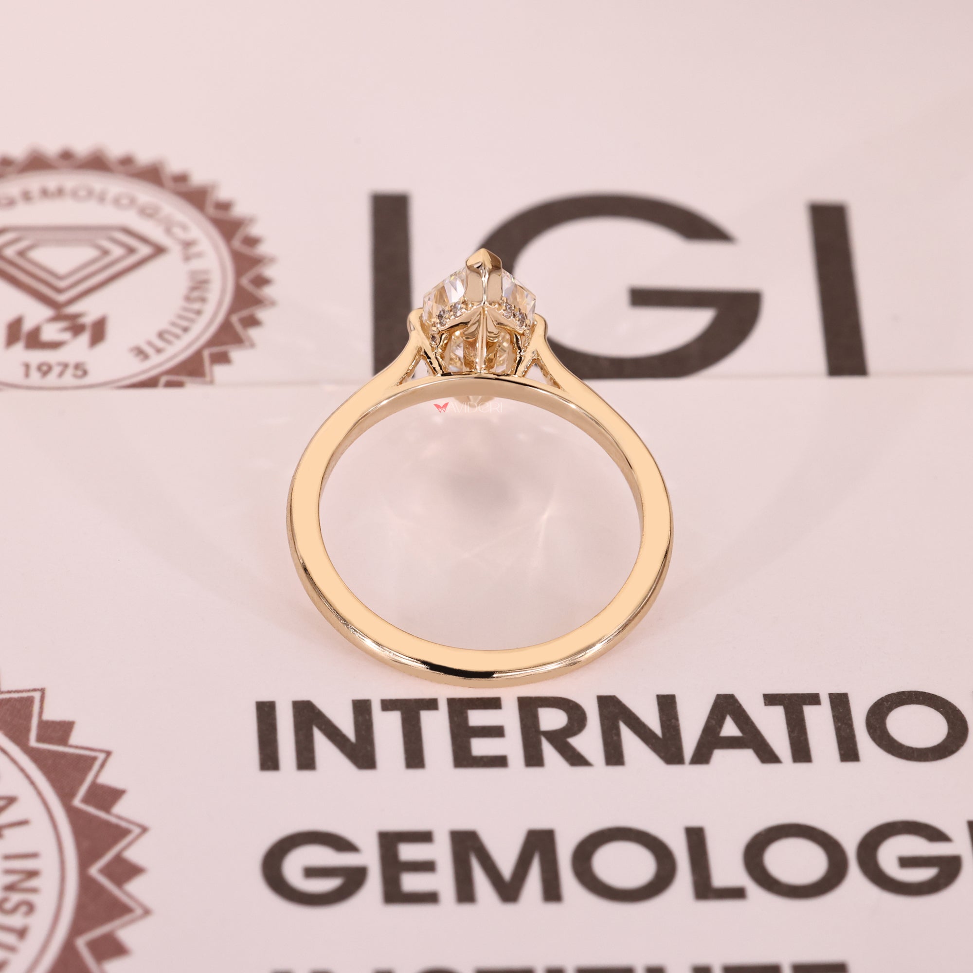 Round cut diamond halo ring with shine.
