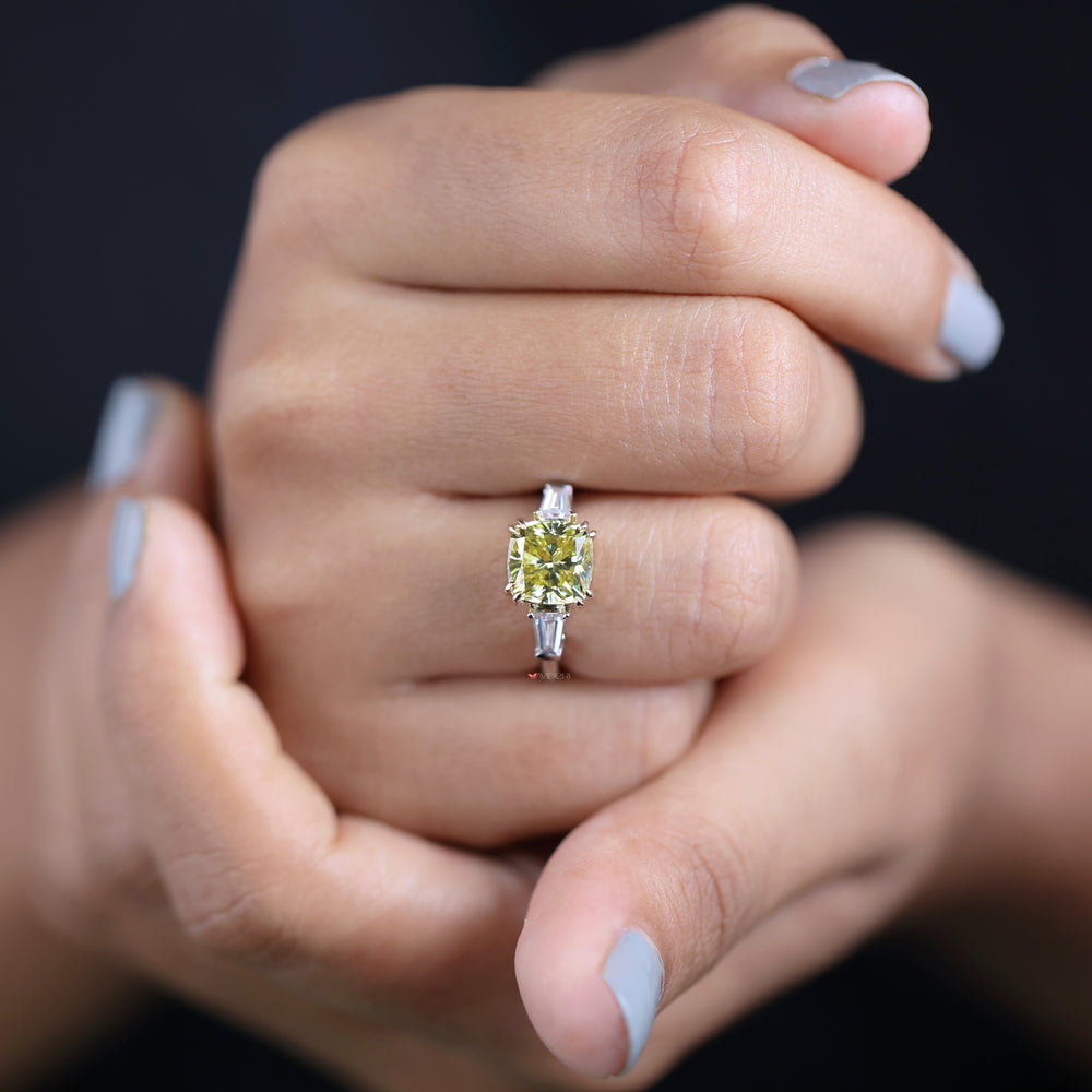 Baguette engagement ring, yellow gold engagement ring, moissanite gold ring
