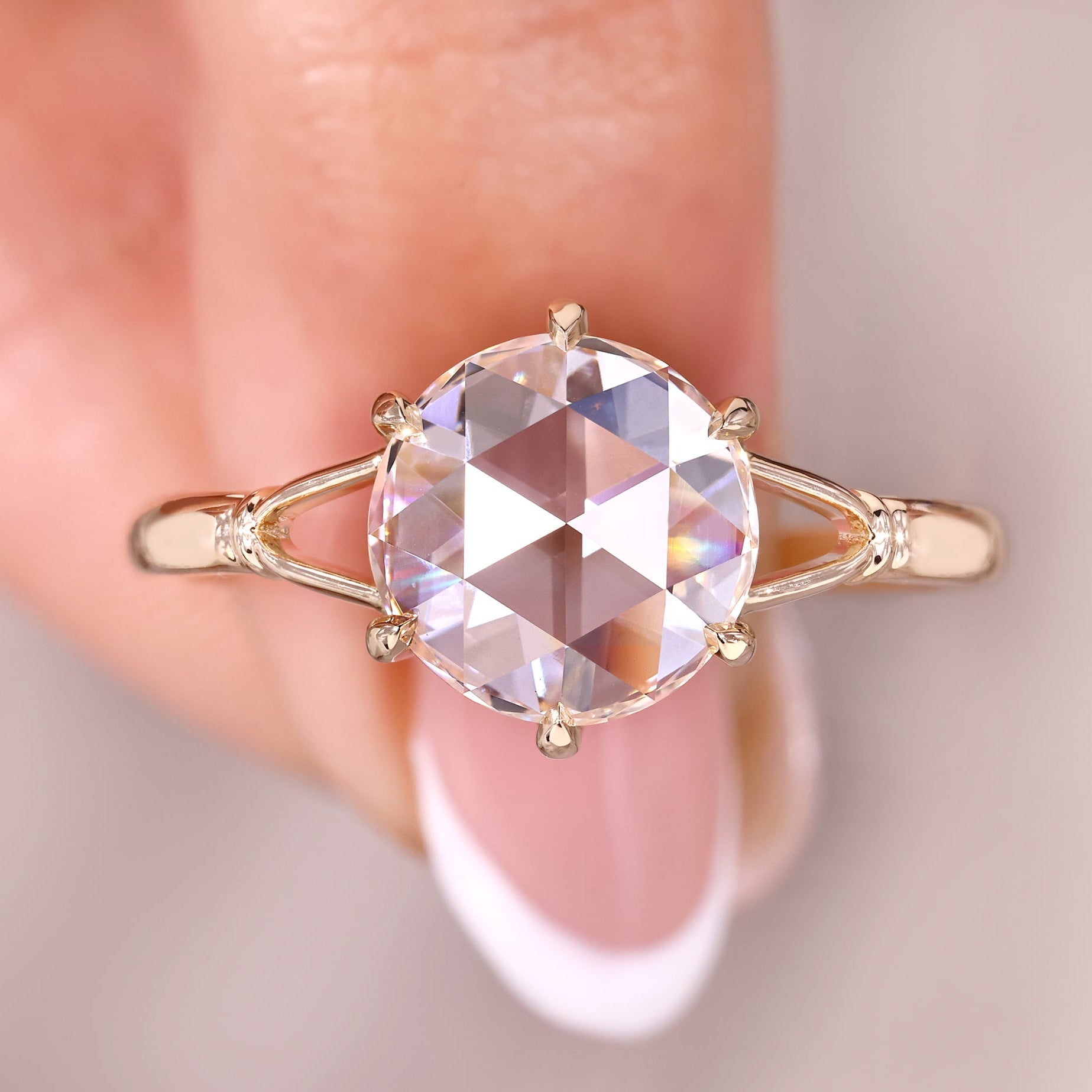 Solitaire diamond engagement ring with round rose cut diamond ring.