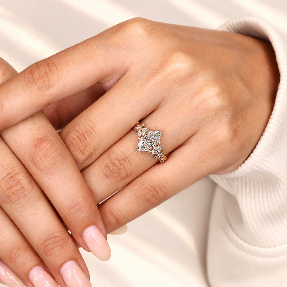 Marquise ring with leaf style prong setting.
