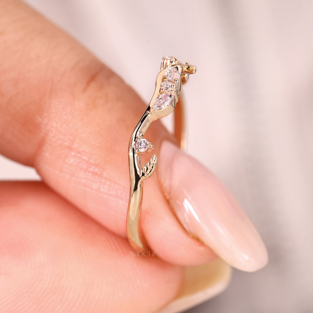 Handmade nature inspired wedding band with diamond cluster.
