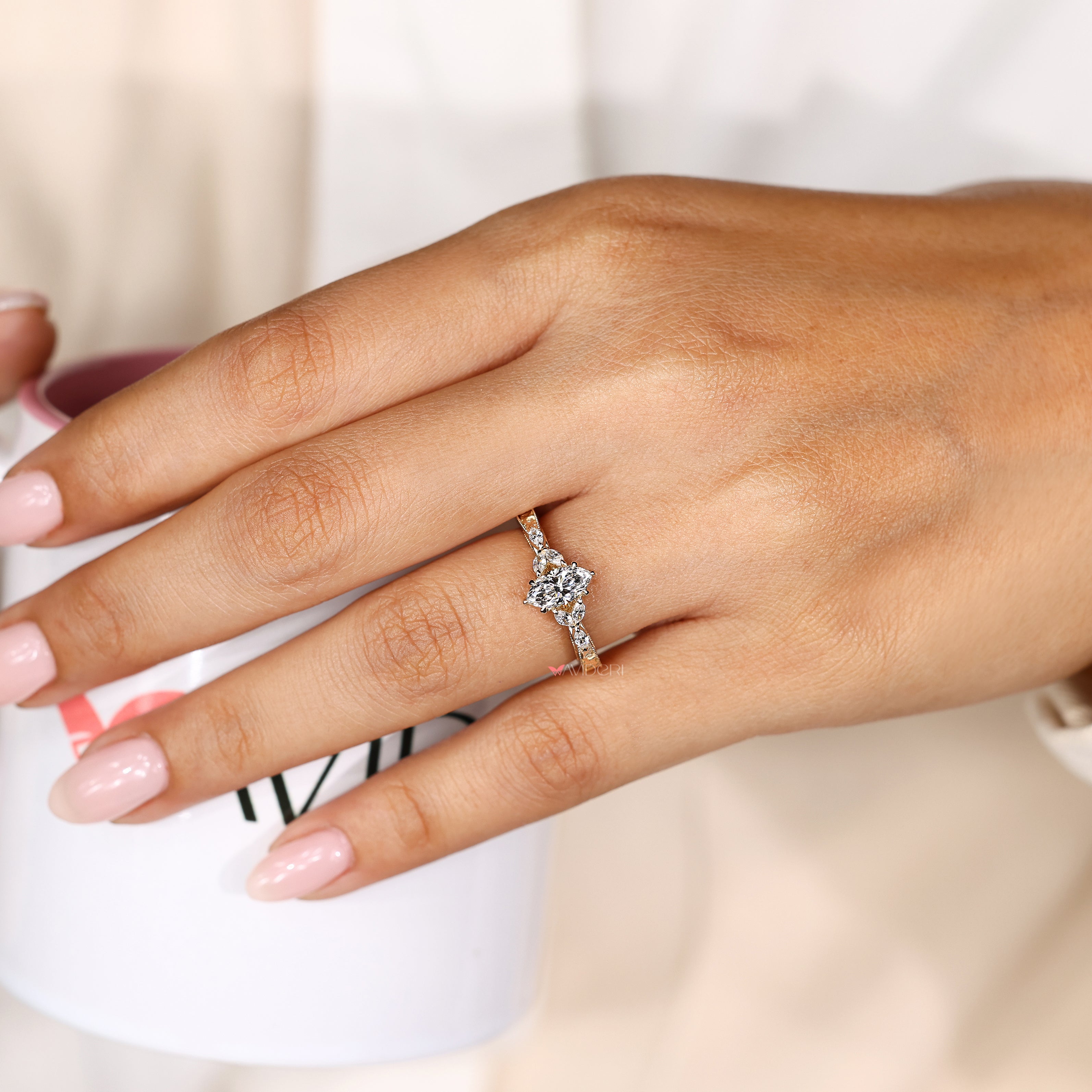 Vintage marquise ring with engraved shank.

