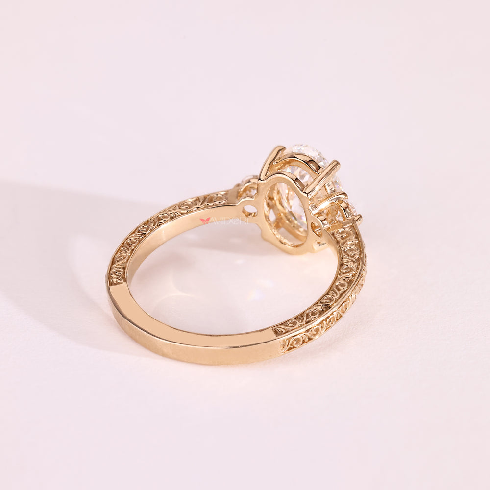 Oval cut lab diamond ring with vintage inspired details
