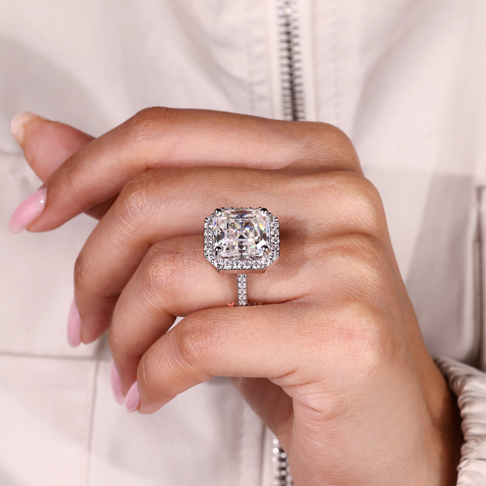 Handmade Asscher cut moissanite halo ring.