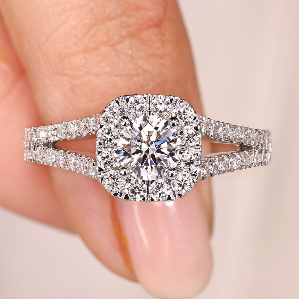 Round diamond engagement ring split shank halo.
