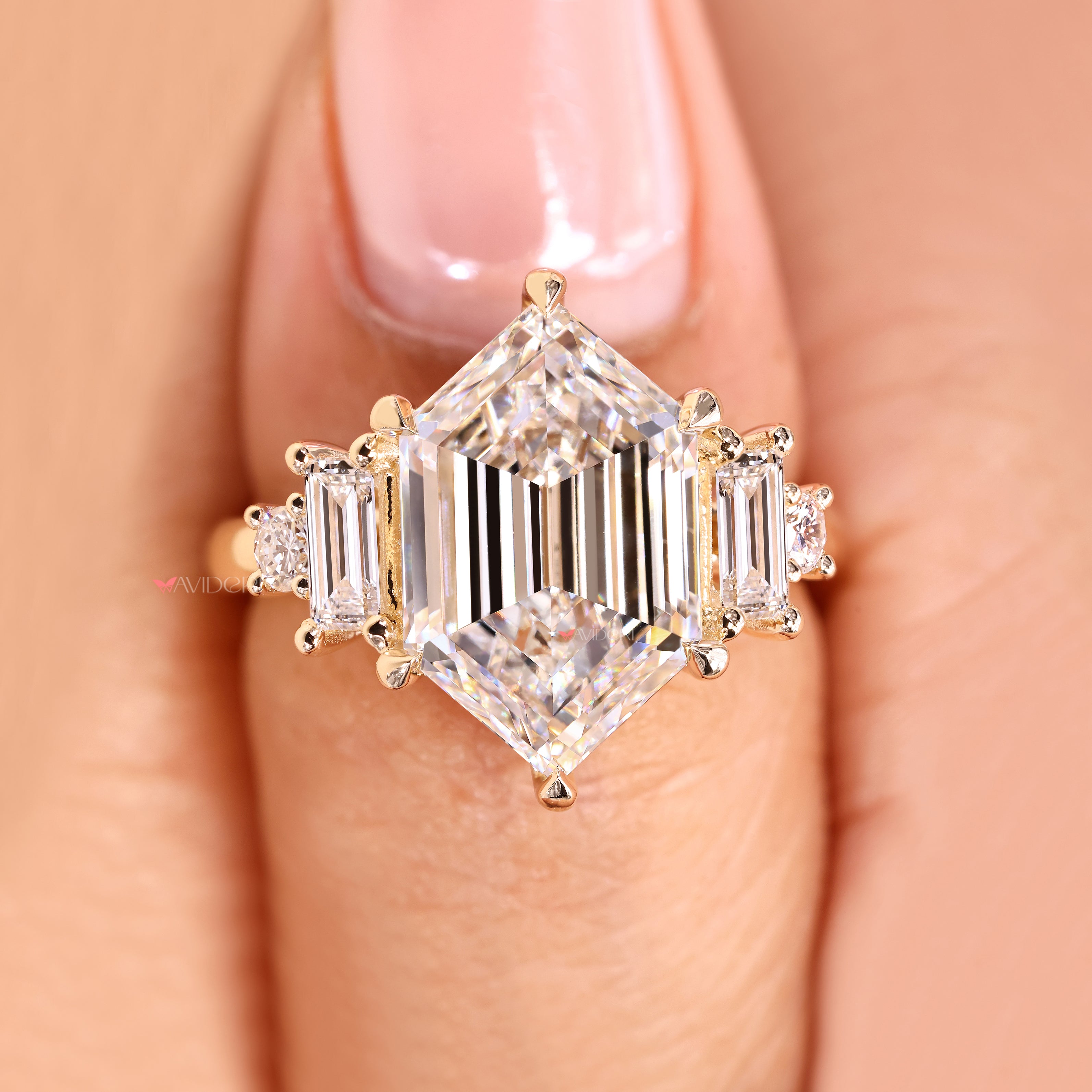 IGI certified hexagon diamond ring handmade.
