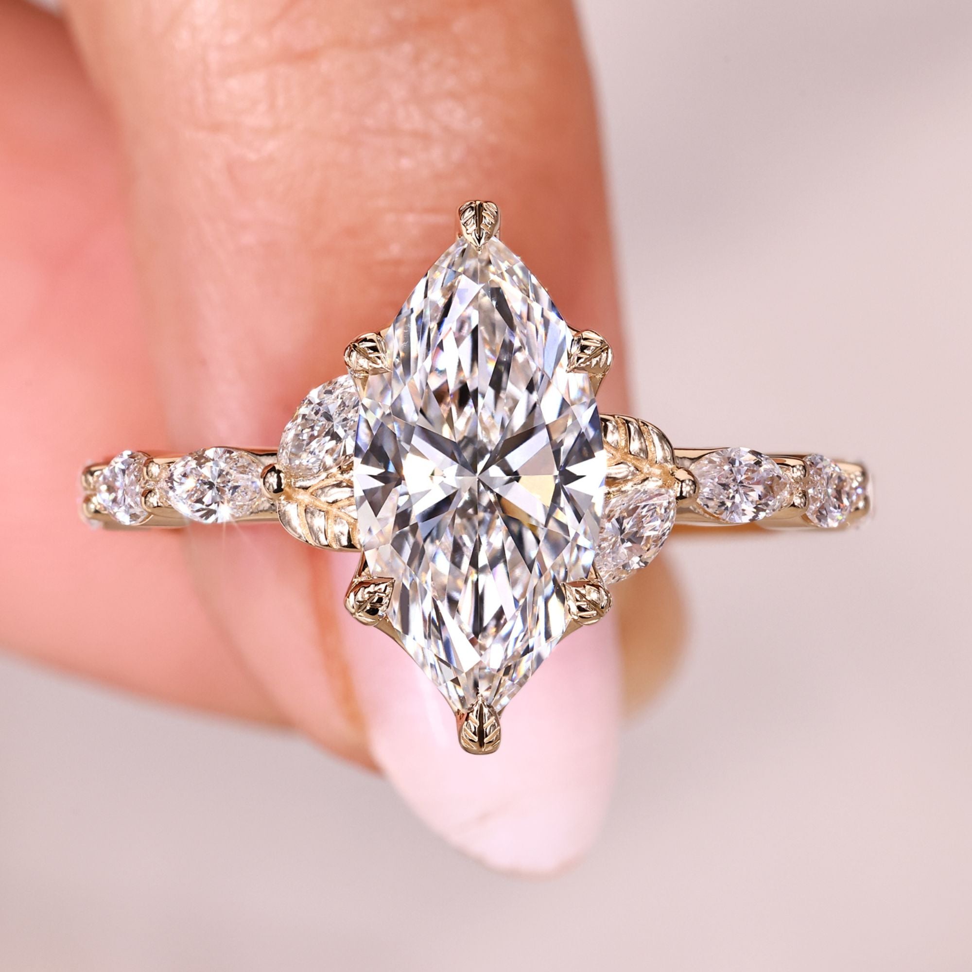 Marquise cut diamond ring pave nature style.
