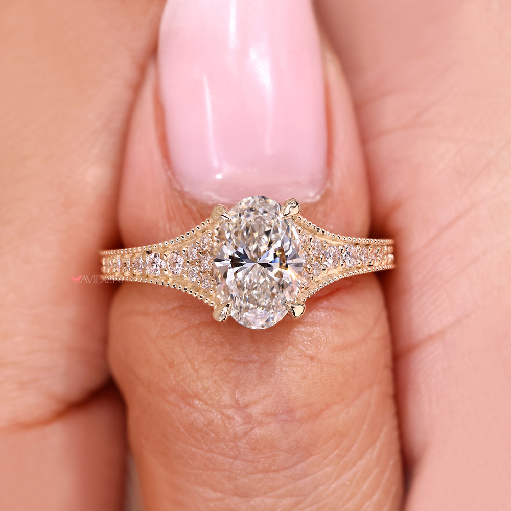 Vintage style oval diamond ring with pave.
