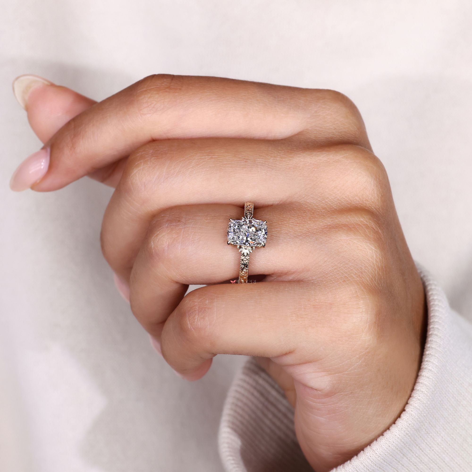 Vintage cushion cut ring with milgrain setting.
