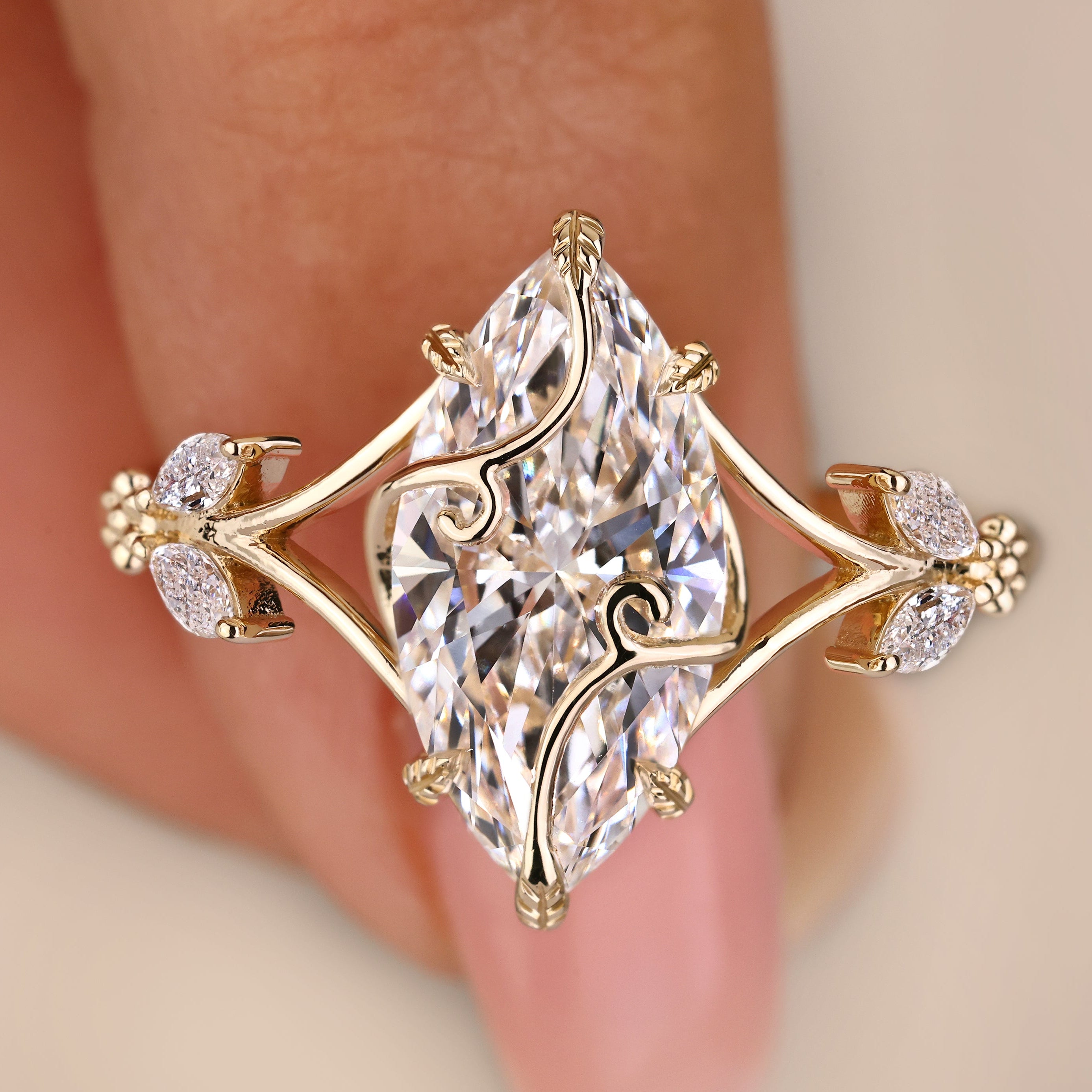 Marquise Lab Grown Diamond Engagement Ring Wrapping Vine Leaf, Nature-Inspired Ring, IGI Certified, E Color, VS1 Clarity, 1 to 3 CT Diamonds
