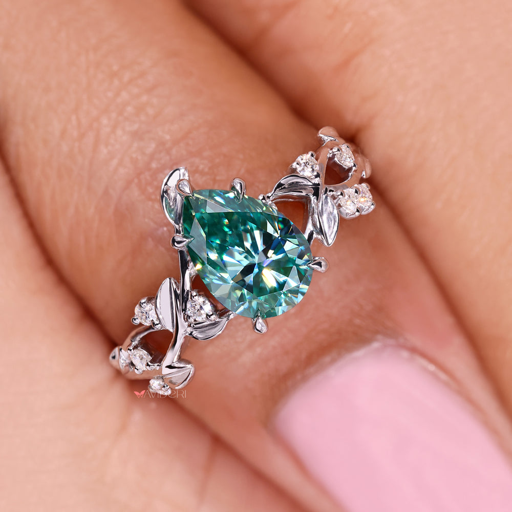 Pear Cut Cyan Blue Moissanite Ring