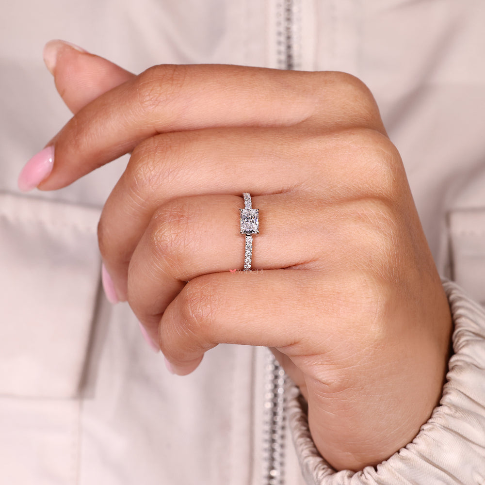 Four claw prong radiant cut diamond ring lab grown.