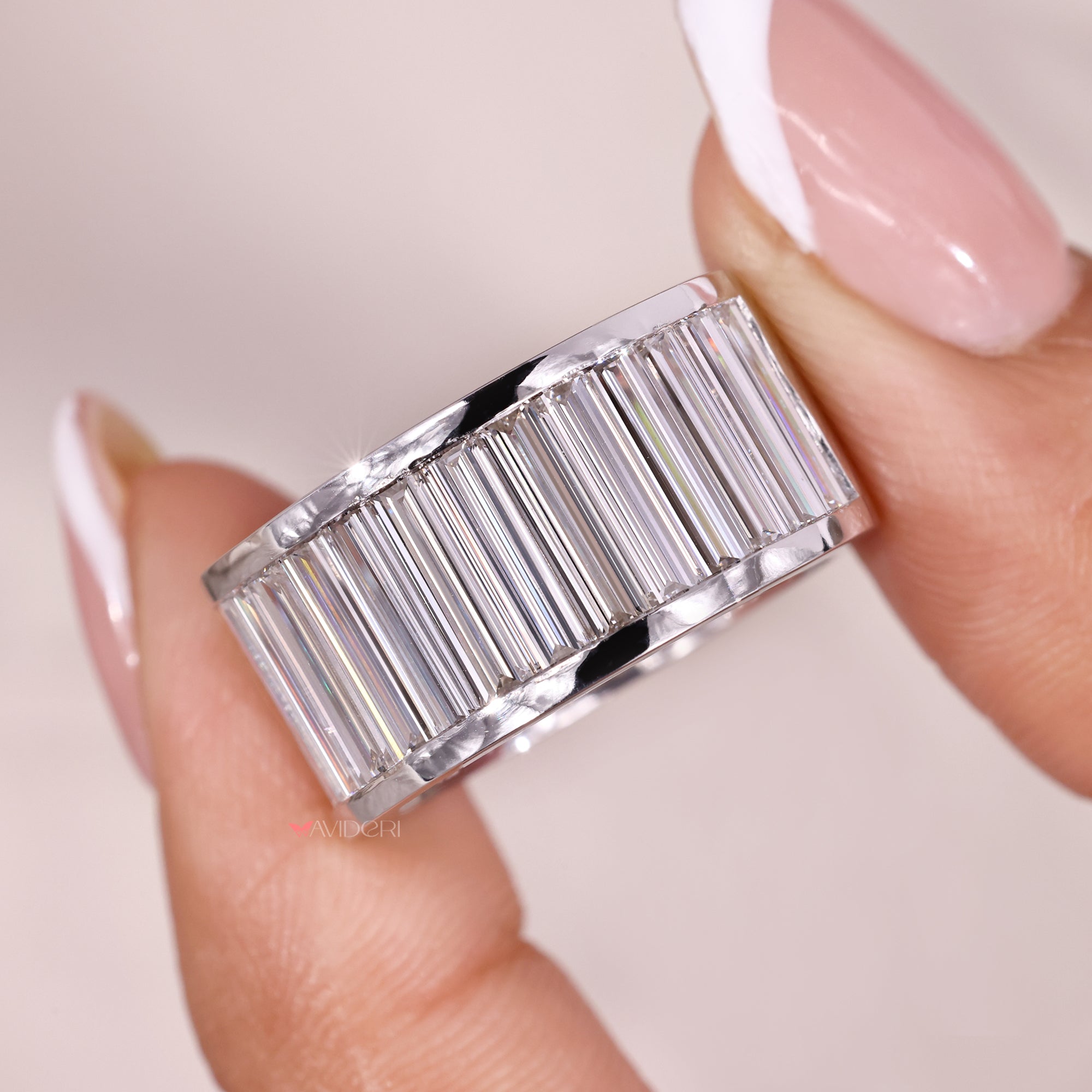 Avideri wedding band with baguette cut diamonds.
