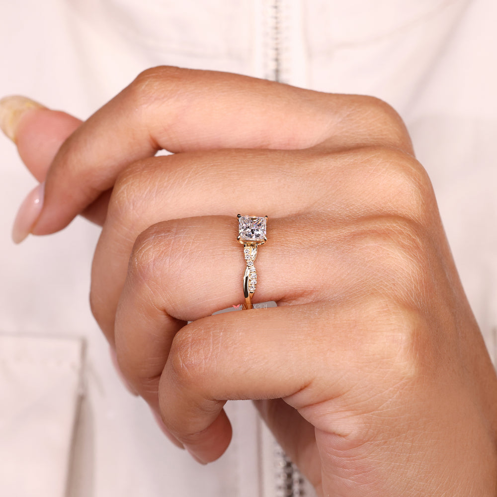 Princess cut lab diamond ring with twisted shank design
