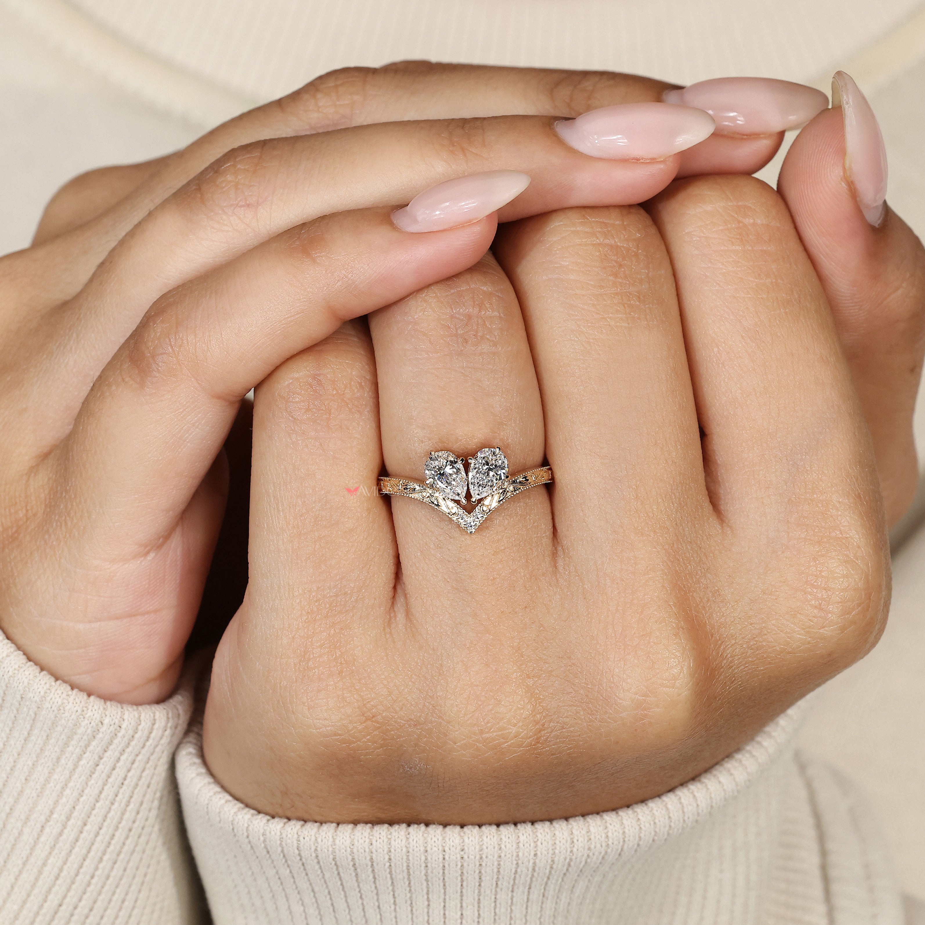 Handmade toi et moi ring with milgrain detailing.
