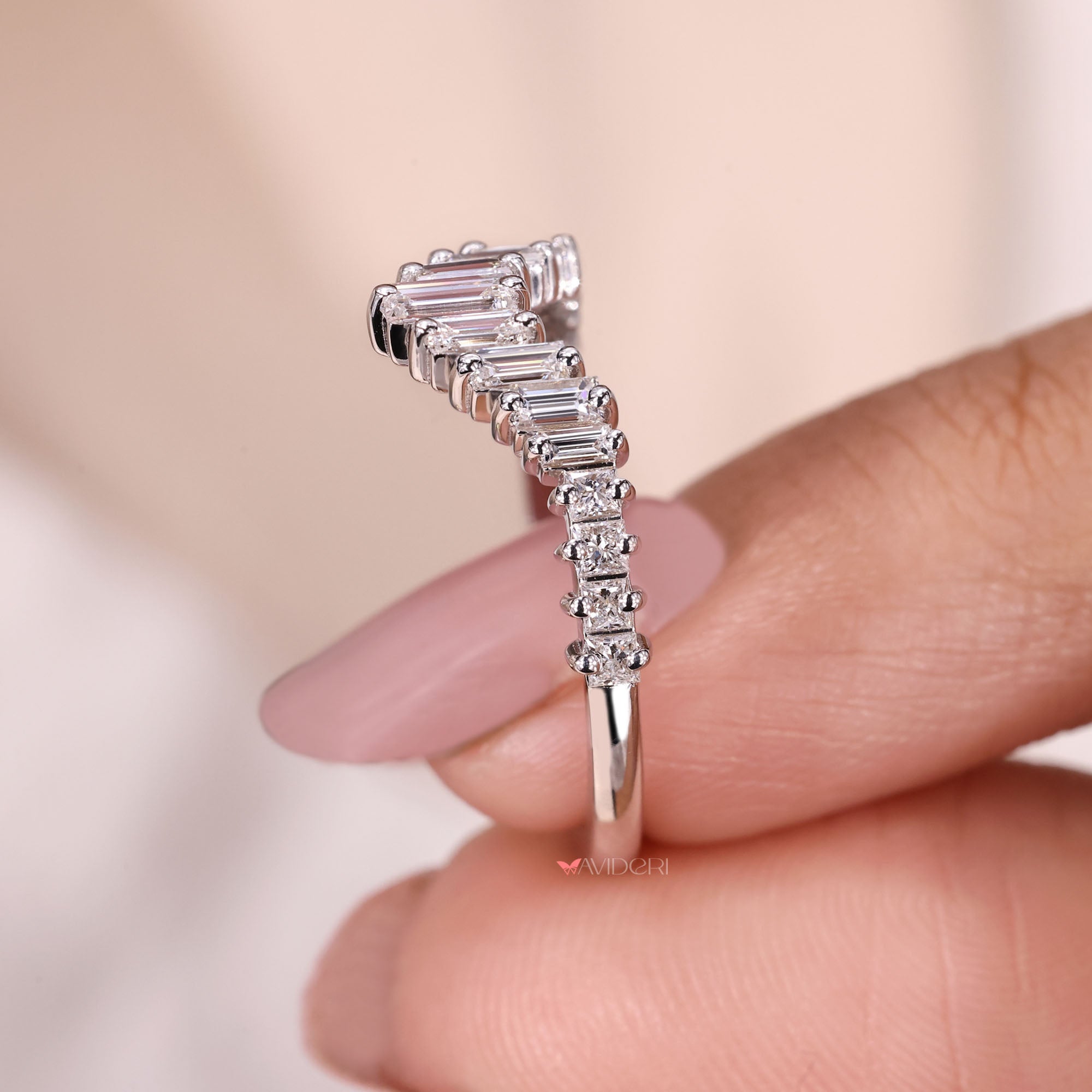 Lab grown half eternity band with baguette diamonds.
