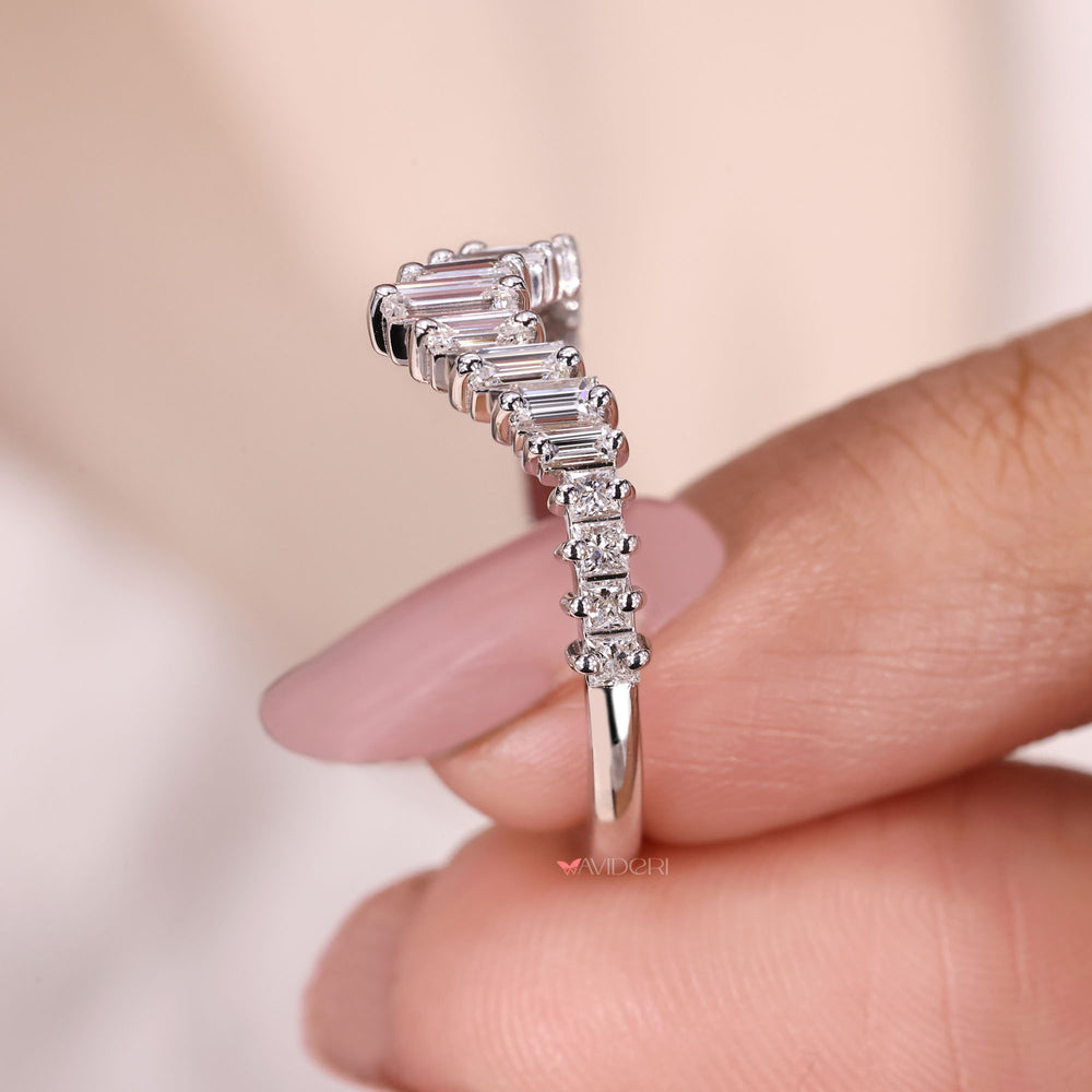 Lab grown half eternity band with baguette diamonds.
