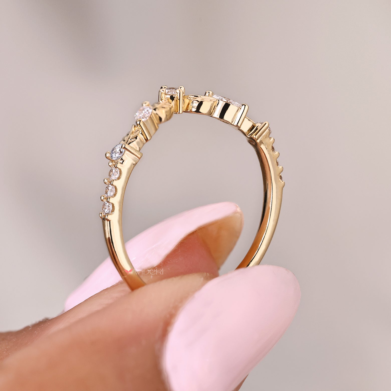 Art deco diamond wedding band with curved semi eternity style
