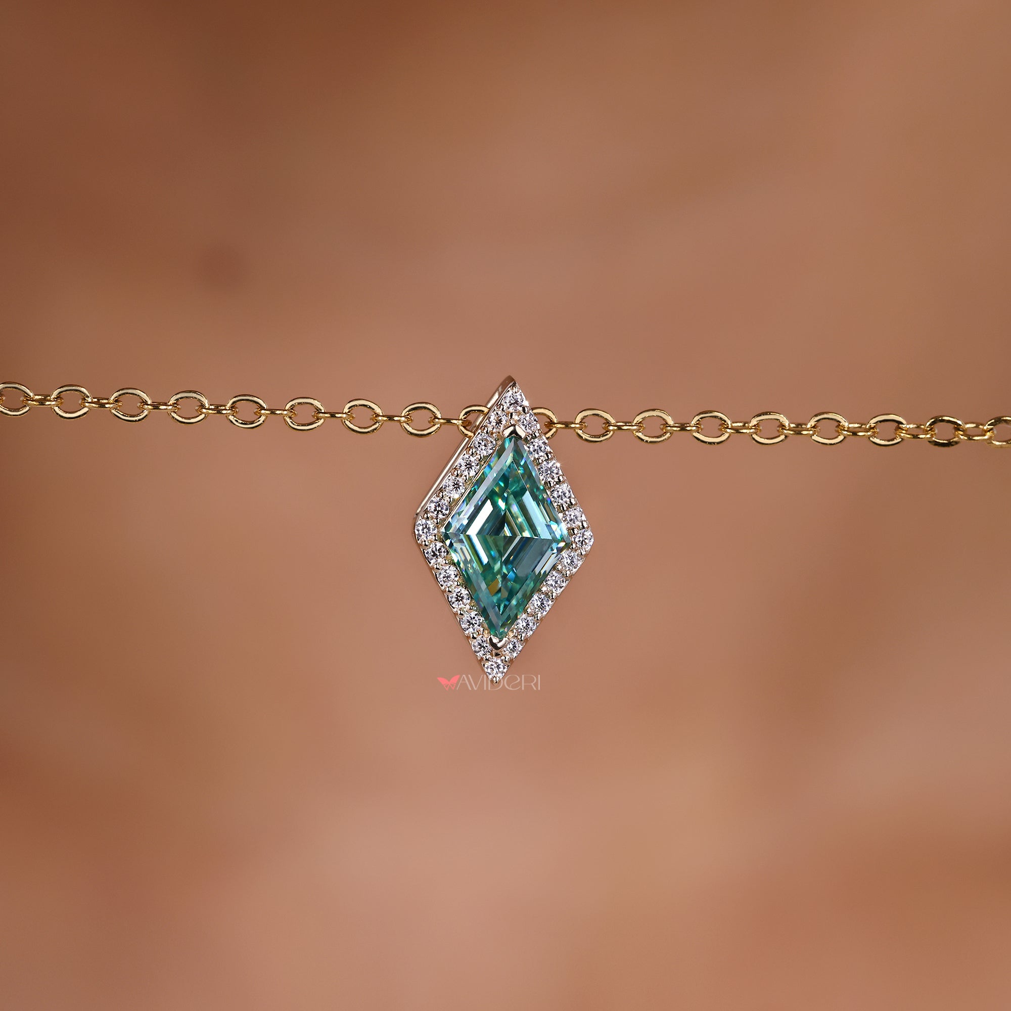 Modern cyan blue moissanite halo pendant.
