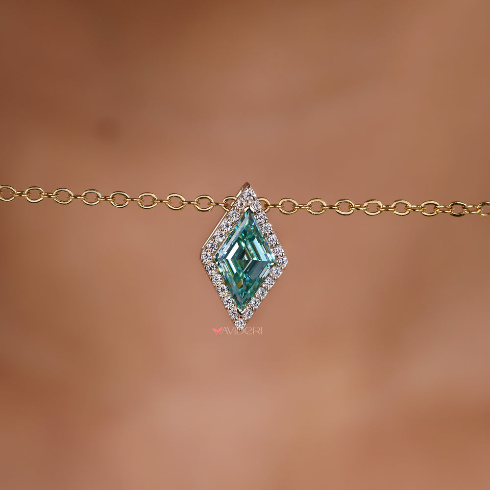 Modern cyan blue moissanite halo pendant.
