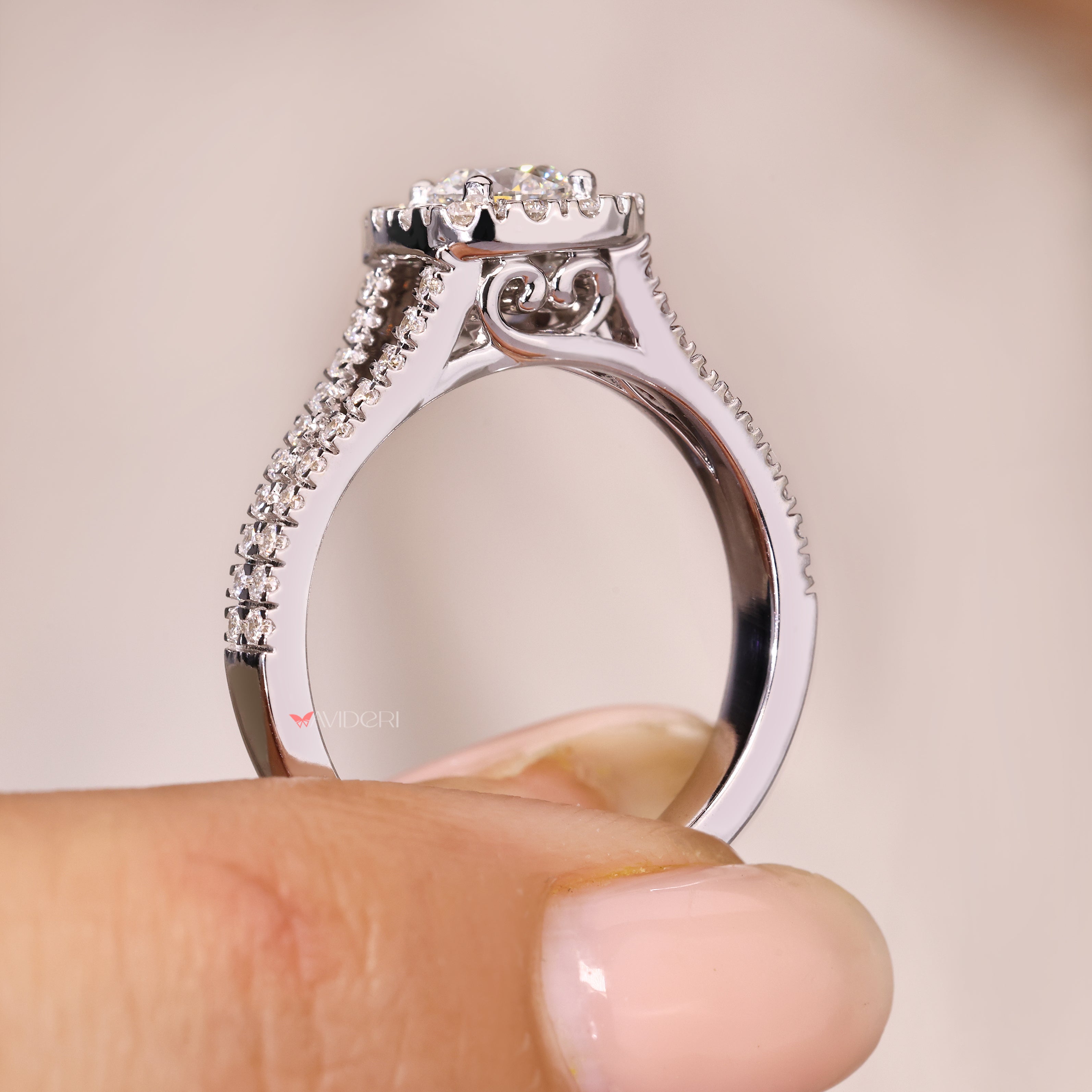 Lab grown diamond ring split shank design.
