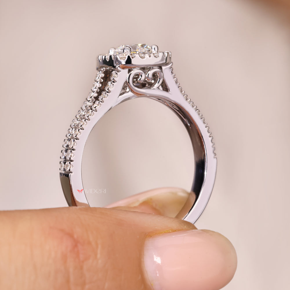 Lab grown diamond ring split shank design.
