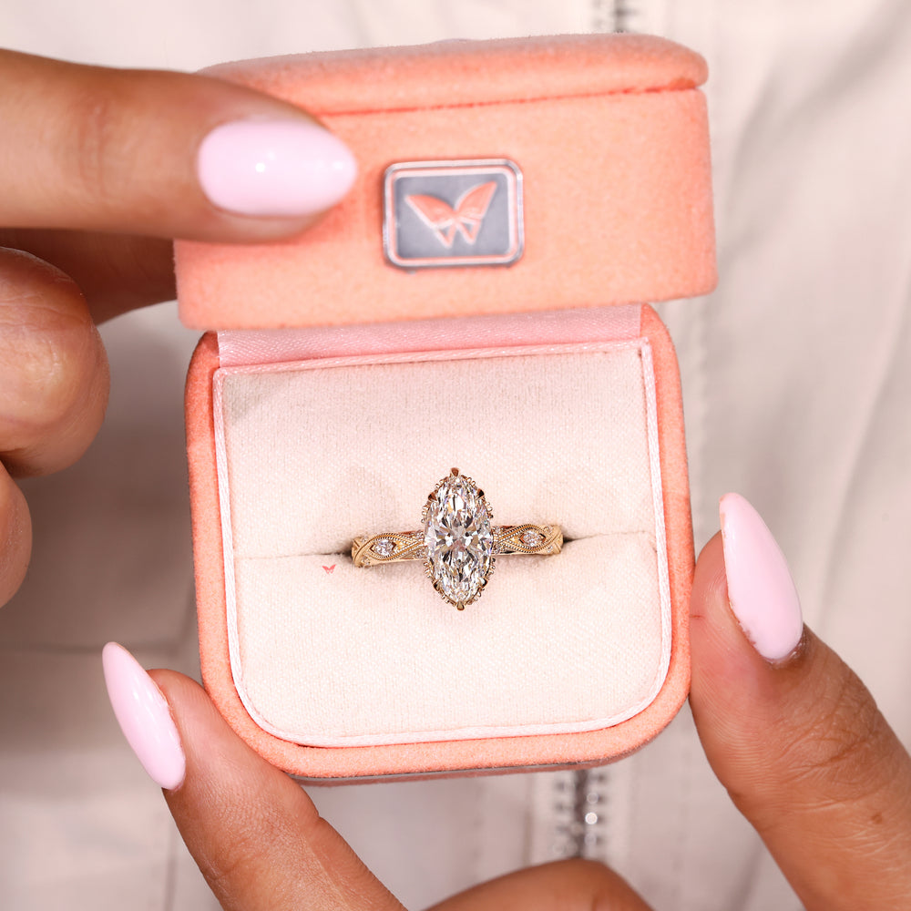Marquise lab diamond ring with six claw prong setting
