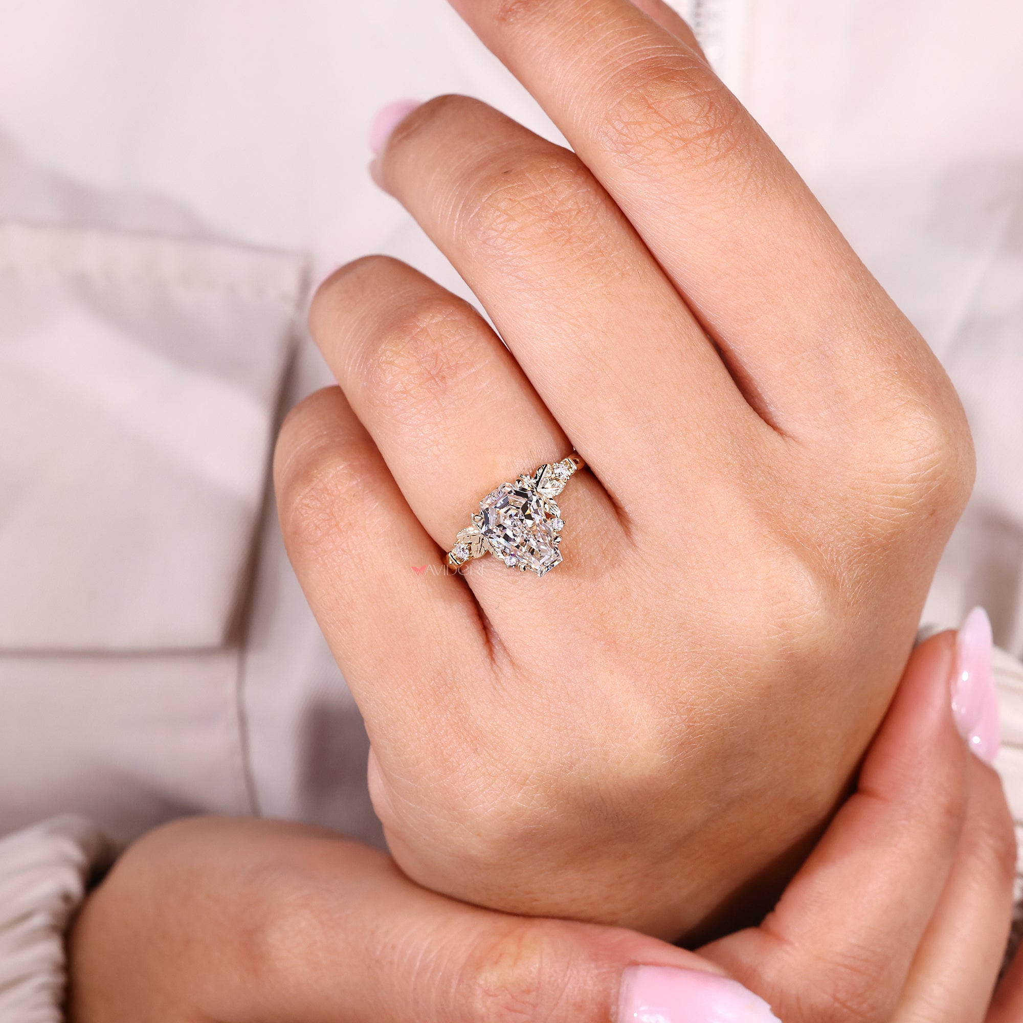 Lab grown diamond coffin cut ring.