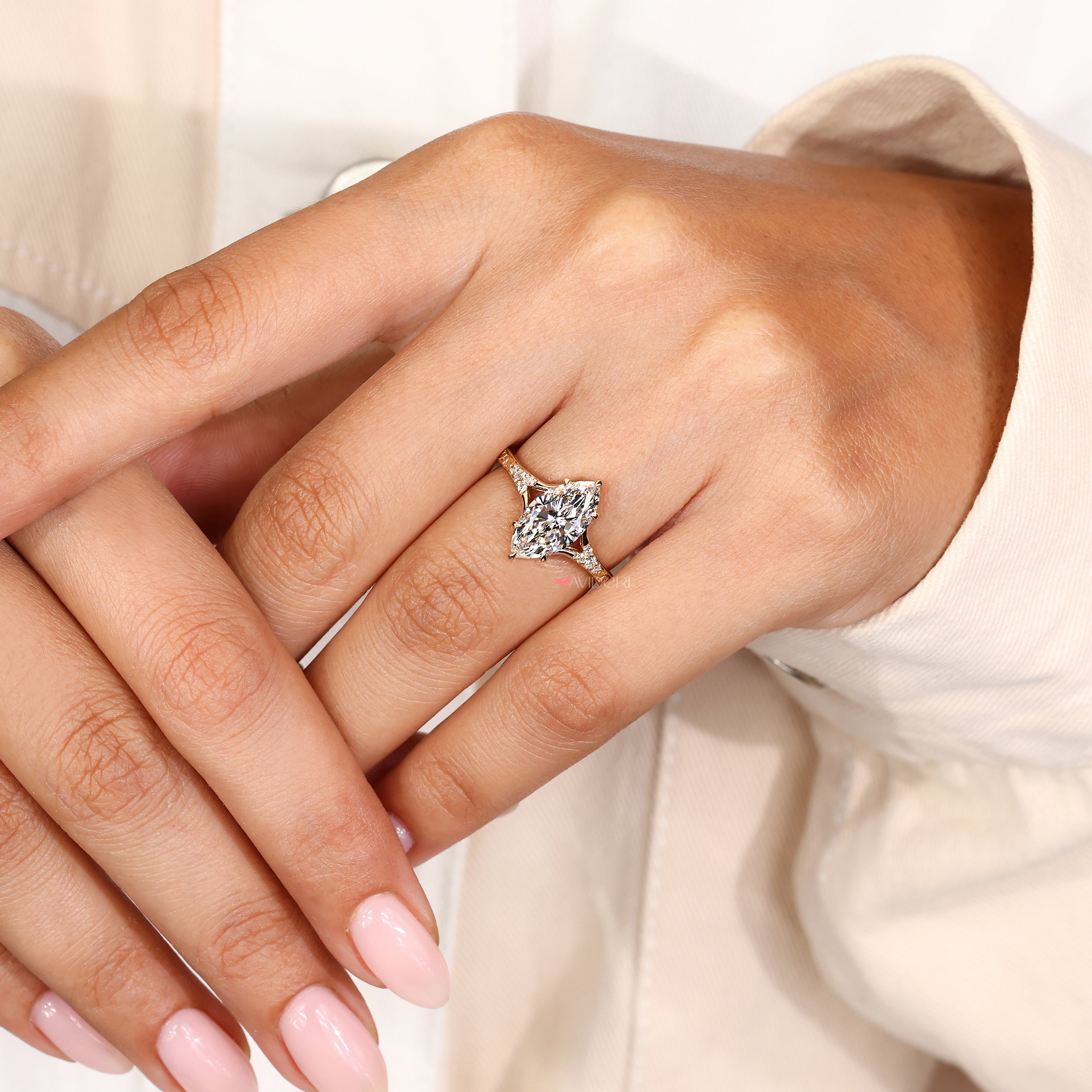 Lab grown marquise diamond ring with split shank setting
