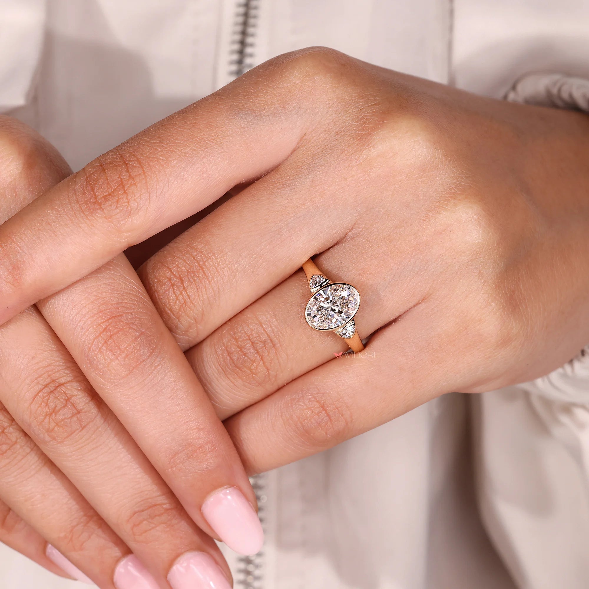 Three Stone Oval Engagement Ring In Yellow Gold
