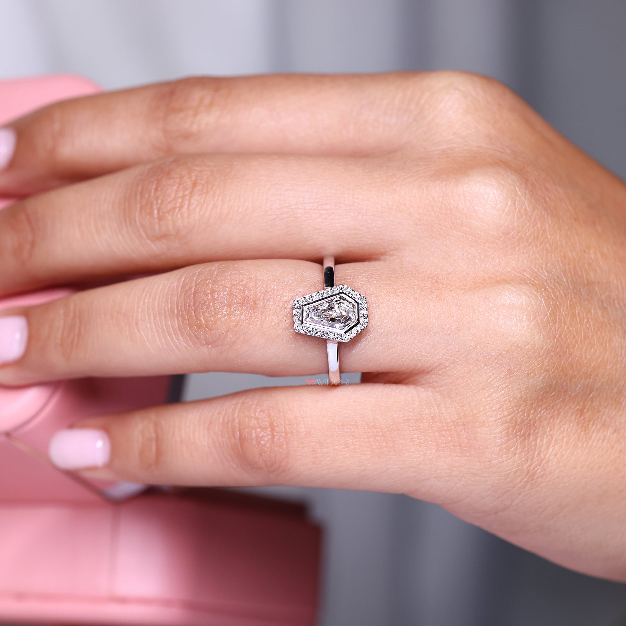 Halo Diamond Engagement Ring with Coffin Cut Center.