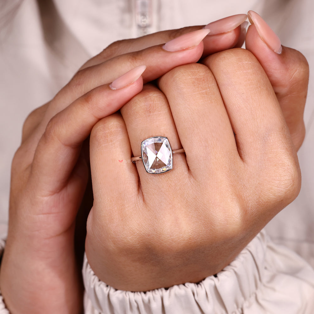 Elegant cushion rose cut moissanite solitaire.
