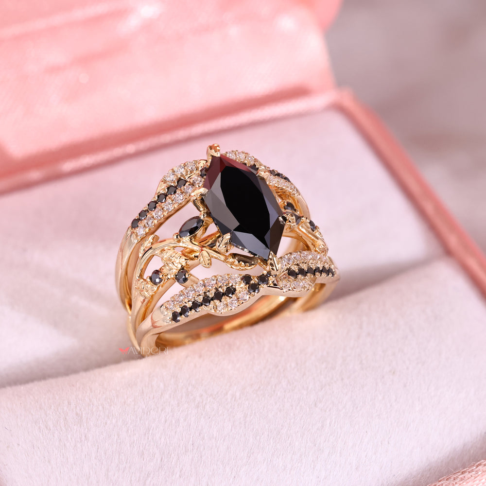 Round cut moissanite band matched with a Dutch marquise engagement ring.