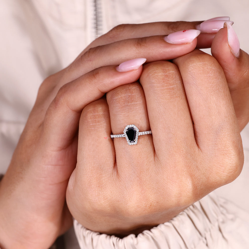 Handmade coffin cut engagement ring with pave band.