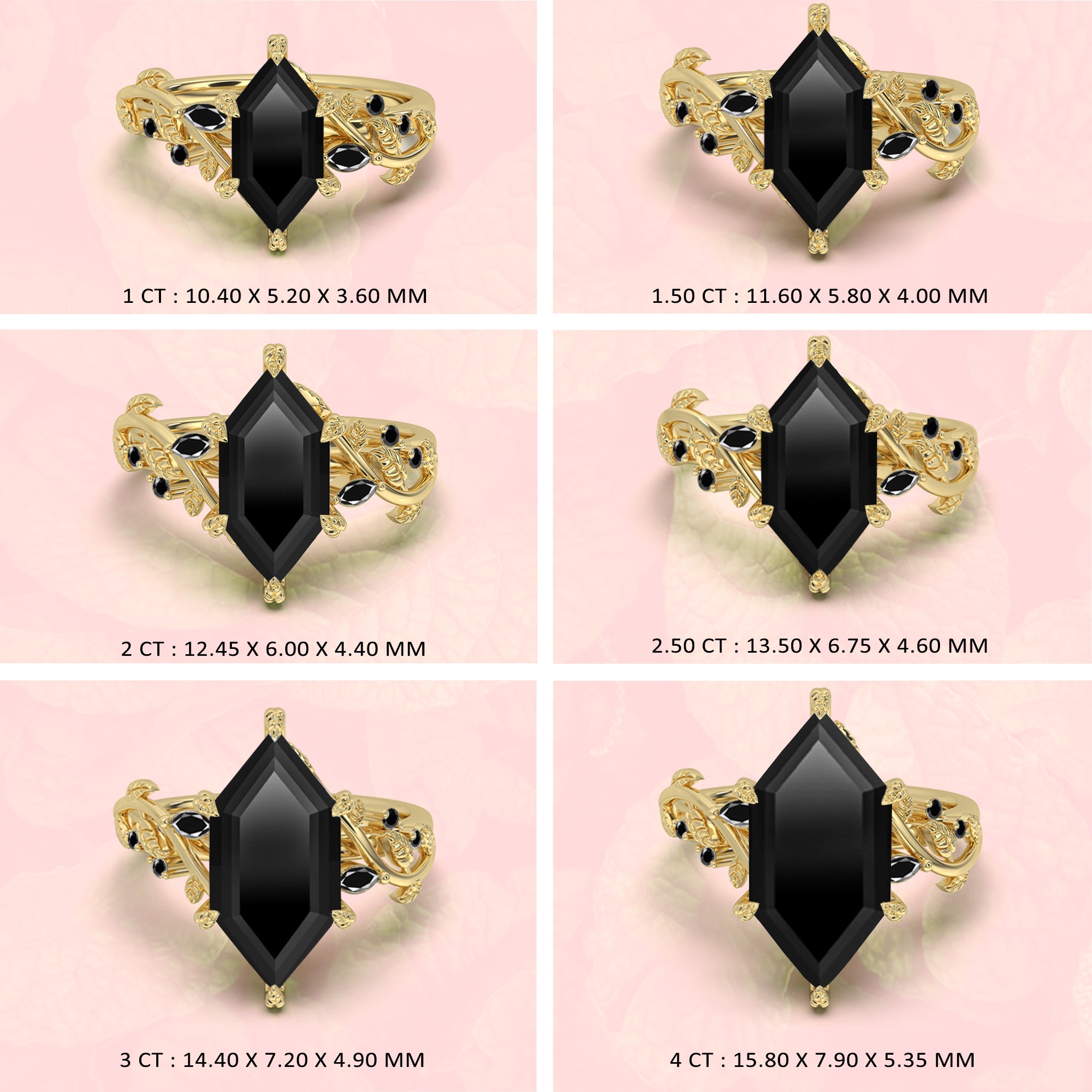 Gold rings with black dutch marquise on a pink background