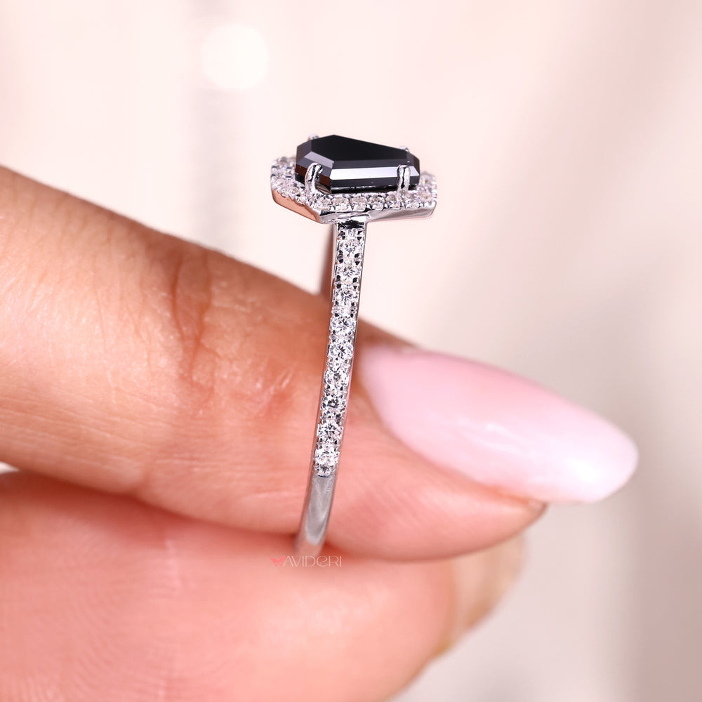Pave and halo coffin cut engagement ring design.