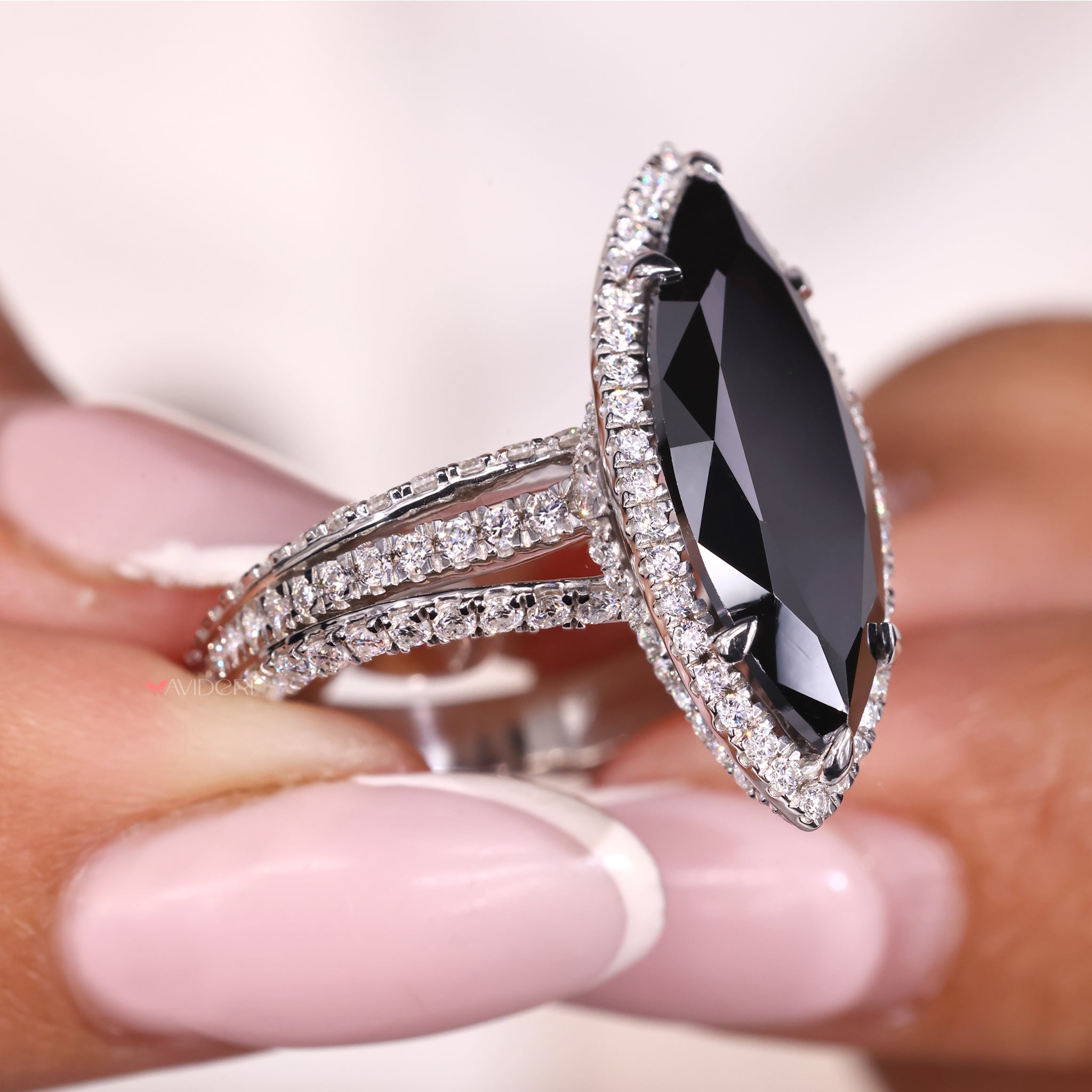 Long marquise engagement ring, round engagement ring, handmade jewelry.