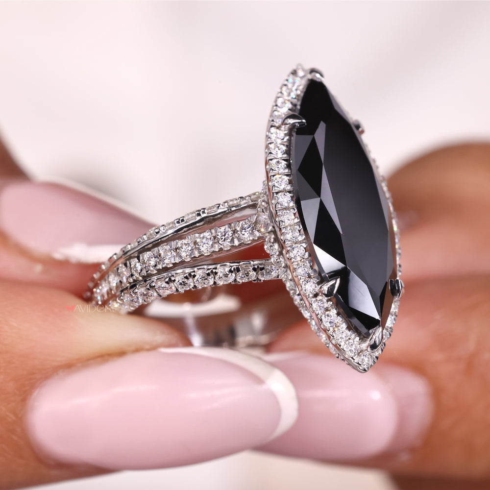 Long marquise engagement ring, round engagement ring, handmade jewelry.