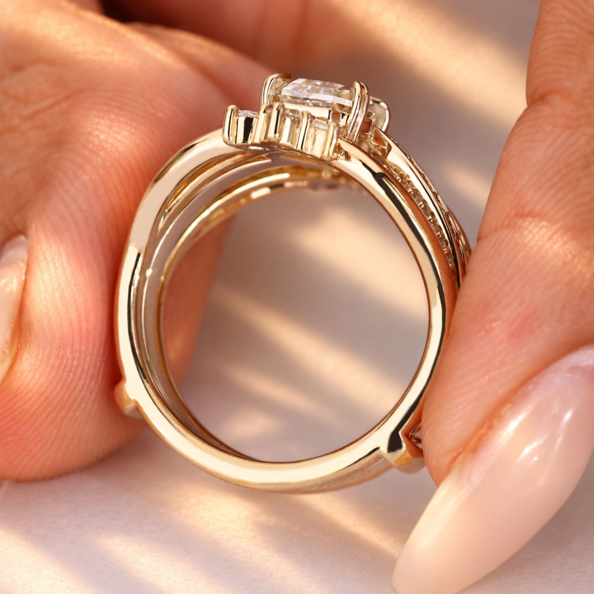 Marquise and round diamond wedding band wrap guard.
