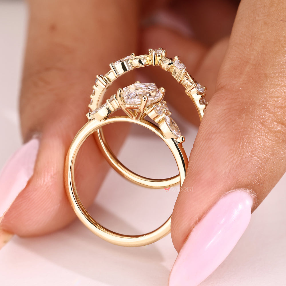Four prong hexagon diamond ring with semi eternity band
